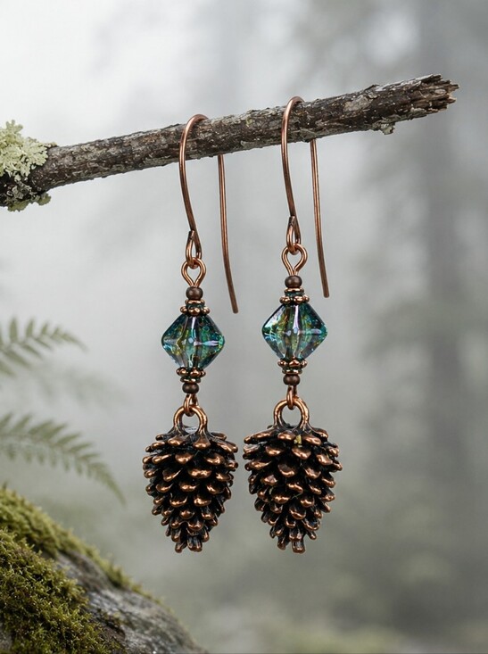 Hand Crafted Jewelry - Copper Pinecone Earrings Teal Czech Glass Woodland Nature Jewelry Hand Crafted